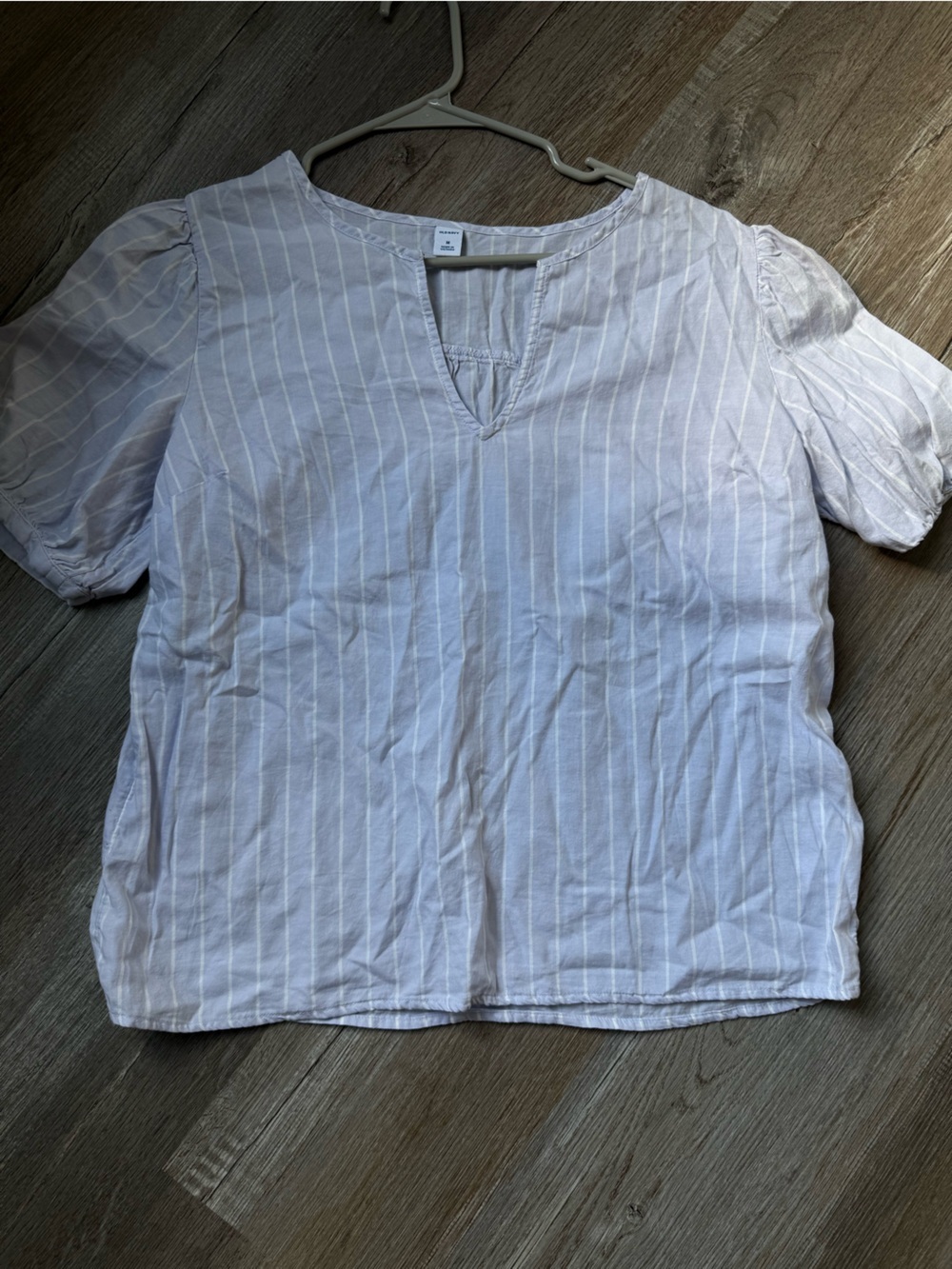 Old Navy Nautical Light Blue & White Striped V Neck Top Puffy Sleeve Size M